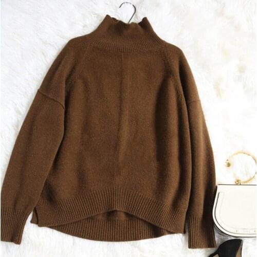 Wool polyester blend thick knit women fashion pullover sweater wide loose open-hem irregular length S/M/L retail wholesale