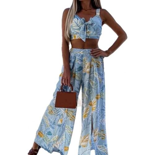 New Stylish Women Leisure Outfit Sleeveless Plant Print Summer Bow Crop Top Split Wide Leg Pants for Travel Beach Streetwear