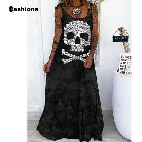 Halloween 2021 Summer Long Maxi Dress Women Sleeveless Gothic Skull Print Party Dresses Plus size Femme Vestidos Robe Dress