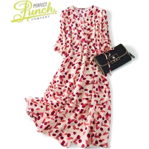 Women Summer Real Silk Floral Korean Beach Boho Dress Elegant Midi V Neck Fashion Robe Ete Femme 2021 A4419 KJ5698