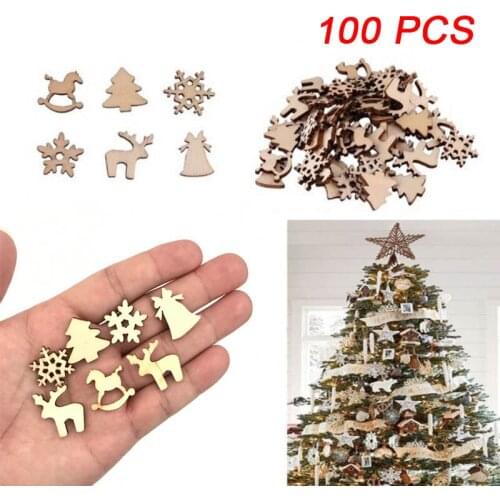 100Pcs DIY Craft Wood Chip Reindeer Snowflake Xmas Tree Ornaments Home Party Decor SCVD889