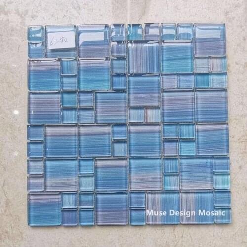 11pcs Crystal Glass Sky Blue hand painted mosaic tiles, kitchen backsplash/ bathroom wallpaper / pool brick tile, 2 color