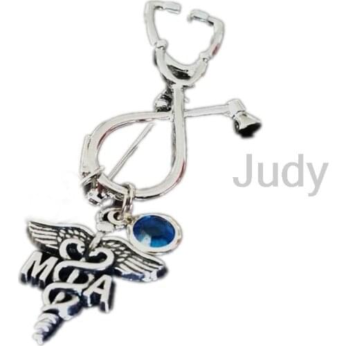 12pcs/lot MA Medical Assistant Crystal Birthstone Initial Stethoscope Brooch Pin