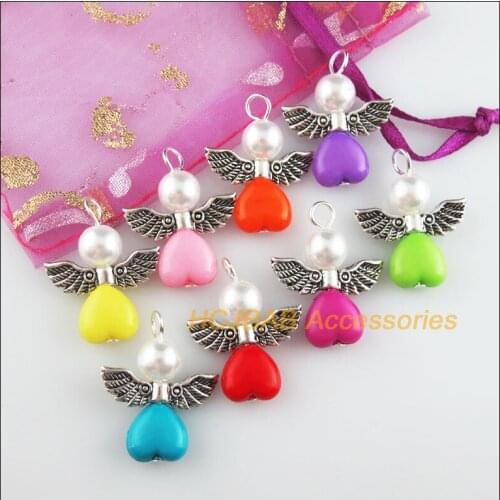 16 New Angel Charms Tibetan Silver Tone Mixed Solid Acrylic Heart Pendants 21.5x27mm
