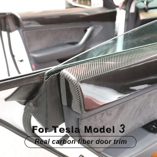 4 PCS/SET Real Carbon Fiber Door Decorative Shell Sticker Trim for Tesla Model 3 2017-2021 Interior Decoration Accessories