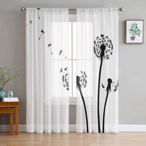 Dandelion Plant Black And White Voile Curtains for Living Room Window Treatment Sheer Curtains for Bedroom Kitchen Drapes
