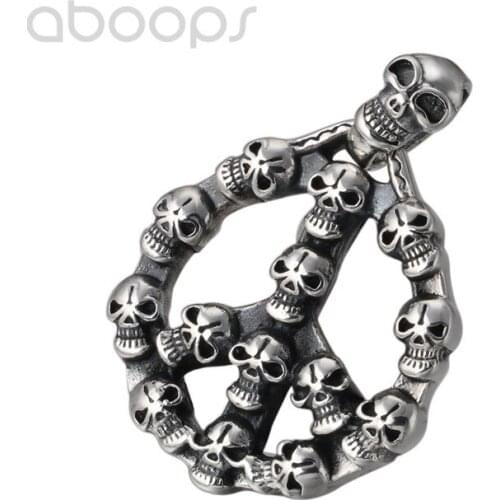Black 925 Sterling Silver Peace Sign Pendant with Skulls for Men Women,Free Shipping