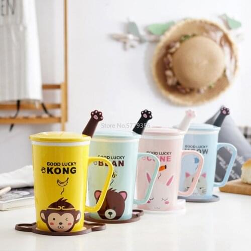 Cute Cartoon Animal High Quality Ceramic Cup Large Capacity Creative Design Couple Mug with Lid Spoon Handle Milk Coffee Cup