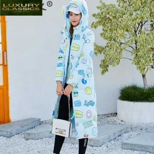 Jacket Winter Womens Down X-Long Down Coat Female Cute Print Thick 90% Duck Down Warm Clothes Hooded Jackets hiver LW1399