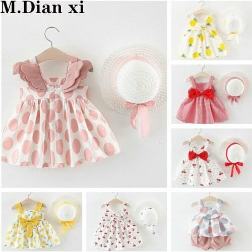 M.Dian Xi Baby Girls Dresses with Hat 2pcs Clothes Sets Kids Clothes Baby Sleeveless Birthday Party Princess Dress Print Floral