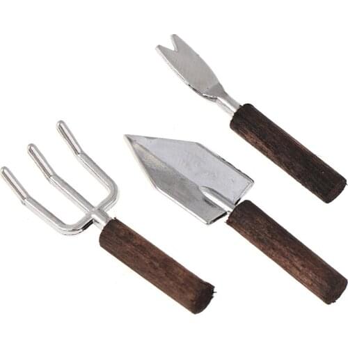 Alloy + Wood Mini Pot Tool Shovel Model Set For Dollhouse Fairy Garden tools Rustic Doll House Ornament 3Pcs/set