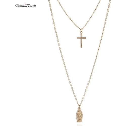 Banny Pink 2019 Trendy Gold Color Cross Layered Necklace Jesus Virgin Mary Chain Pendant Necklace For Women Mother Mary Gift