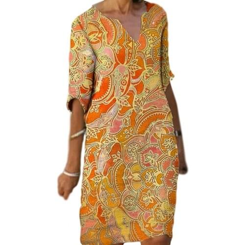 Fashion Dress Plus Size Summer Printed Half Sleeve Women V Neck Loose Beach Apparel Elegant Party Dresses