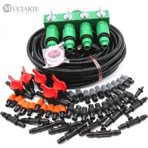 MUCIAKIE 20m Garden Watering Kits w/ 8/11mm PVC Tubing Hose 1/2 3/4 to 1'' 4-way Splitter Drip Micro Misting Sprinkler Connector