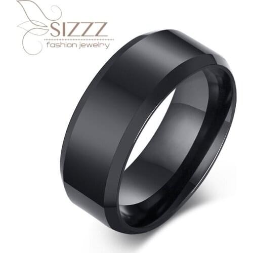 SIZZZ 2019 Can provide lettering face width 8MM stainless steel glossy black mens ring