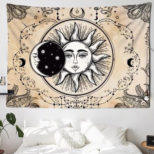 White Black India Mandala Tapestry Wall Hanging Sun Moon Tarot Wall Tapestry Wall Carpet Psychedelic Tapiz Witchcraft Wall Cloth