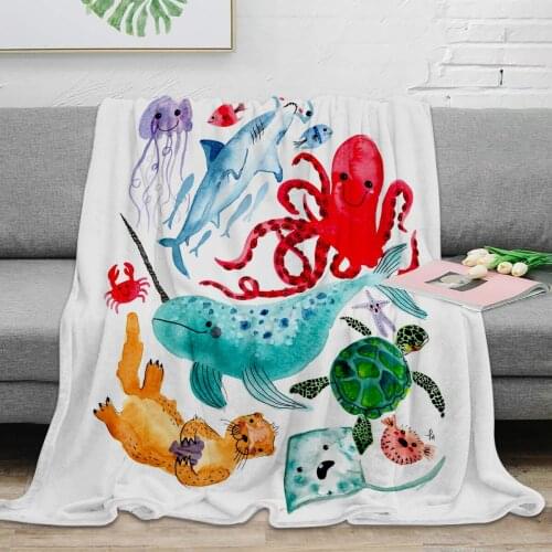 Ocean Creatures Sea Animals Characters Watercolor Throw Blanket Warm Microfiber Blanket Flannel Blanket Bedroom Decor