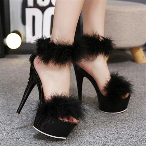 Walking Show 15.5CM Thin high-heeled Women Sandals PU Buckle Strap Open Toed waterproof platform Plush Party Women Shoes 2020