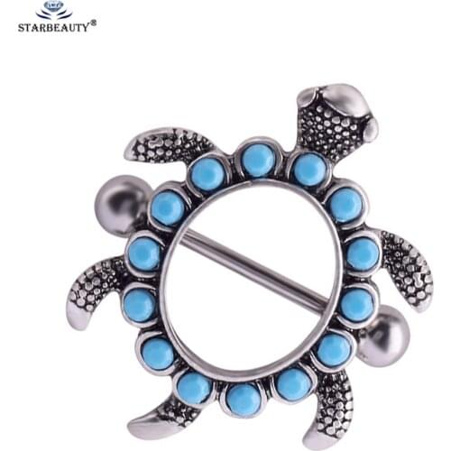 Starbeauty 2 pcs/lot Blue Turtle Nipple Ring Sexy Women Retro Stainless Steel Nipple Piercing Tortoise Nipple Rings Body Jewelry