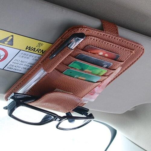Sun Visor Storage Bag Universal Car Sun Visor Card Pen Holder Glasses Clip Faux Leather Storage Bag Compact Size Practical