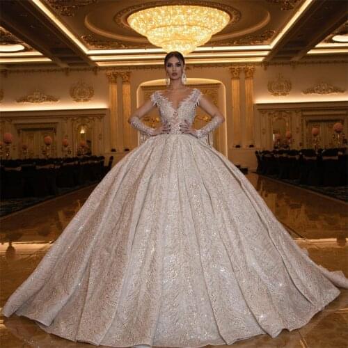 Luxurious Ball Gown Wedding Dress Lace Sequined Long Sleeve Vintage Bridal Gowns Arabic Dubai Elegant vestido de novia