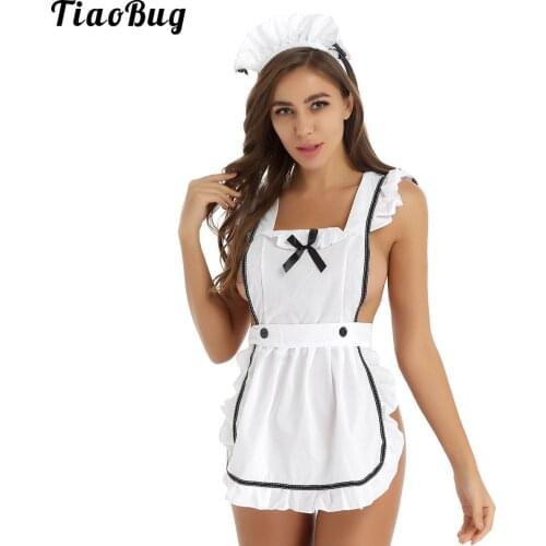TiaoBug 3Pcs Womens Erotic Maid Ruffle Retro Apron Kitchen Cooking Cleaning Fancy Dress Cosplay Costume With G-String Lingerie