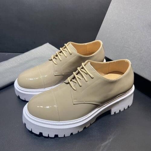 Retro Platform Single Shoes Woman Round Toe Lace-Up Zapatos De Mujer Casual Patent Leather Shoes Height Increasing Couple Shoes