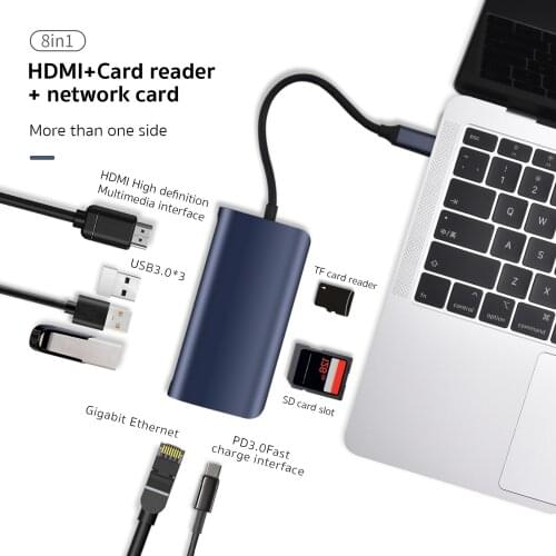 USB C Hub Type-C 3.1 to 4K HDMI-Compatible RJ45 USB SD/TF Card Reader PD Fast Charge 8-in-1 USB Dock For MacBook Air Pro PC HUB