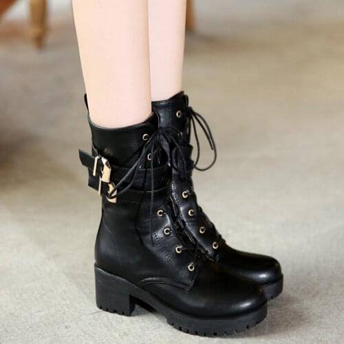 YMECHIC 2019 Winter Gothic Ankle Boots Block High Heels Shoes Woman Buckle Strap Brown Black Lace Up Booties Motorcycle Boots