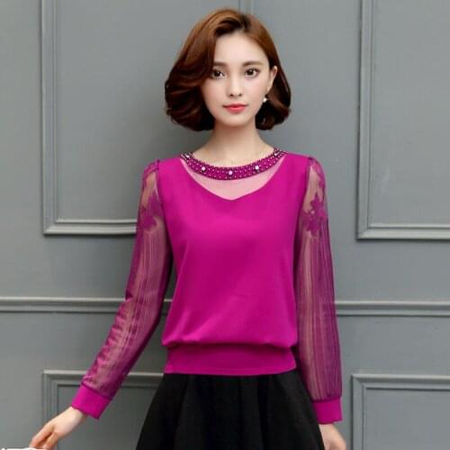 Womens Spring Autumn Style Lace Blouses Shirt Womens O-Neck Long Sleeve Hollow Out Solid Color Casual Tops DD9043