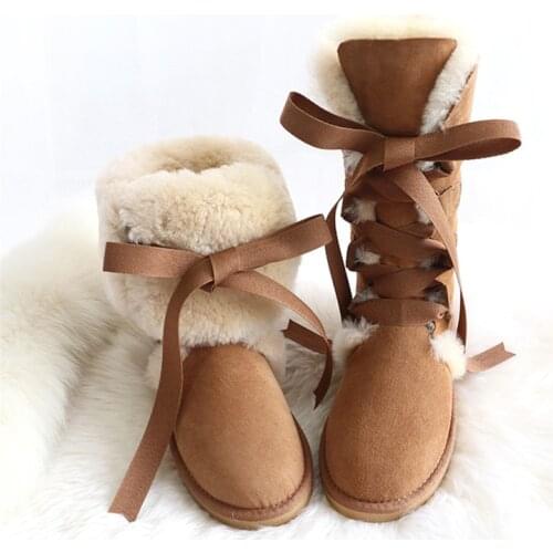 Real Fur 100% Wool Women Winter Snow Boots Brand Boots Lace Up Shoes Women Genuine Sheepskin Women Boots Flats Shoes