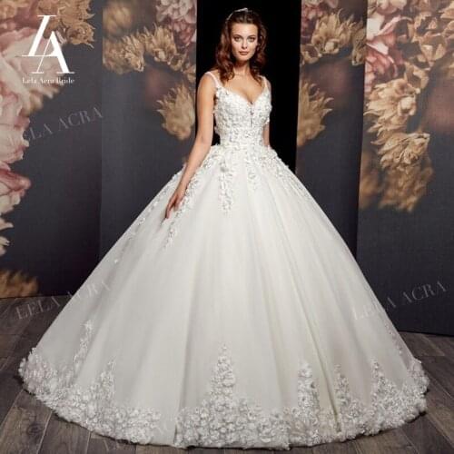 Wedding Dress Luxury 3D Flowers A-Line V-neck Appliques Beaded Bridal Gown Princess Court Train LelaAcra AX64 Vestido De Novia