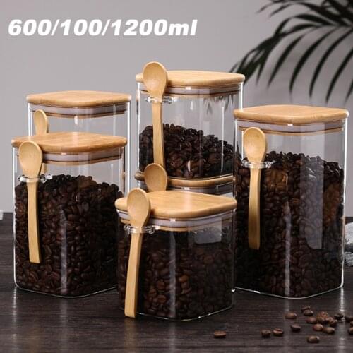 1Pc 600ml/1000ml/1200ml Square Glass Jar Coffee Bean Tea Sealed Tank Kitchen Dry Food Storage Box with Wooden Spoon
