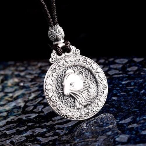 999 Sterling Silver Womens 12 Zodiac Rat Necklace Rotatable