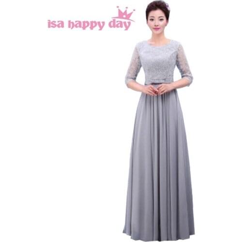 Burgundy gray green blue modest elegant floor length bridesmaid dress beaded chiffon long bridemaid dresses with sleeves H3765