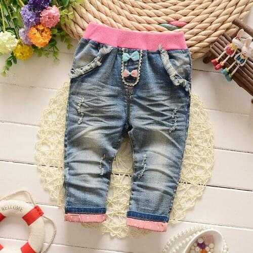 2020 Autumn Spring Baby Bow Girls Kids Pants Washed Long Trousers Denim Jeans roupas de bebe
