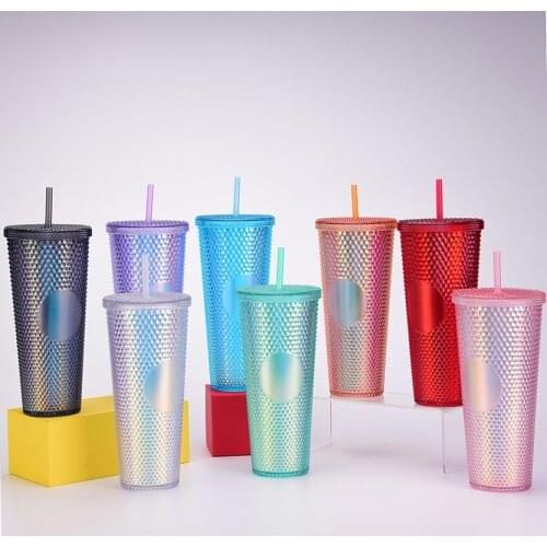 Double-Layer Durian Cup Diamond Radiant Goddess Straw Cup Coffee Cup Summer Cold Cup Tumbler 710ml/24oz NEW Durian Cup Mug 710m
