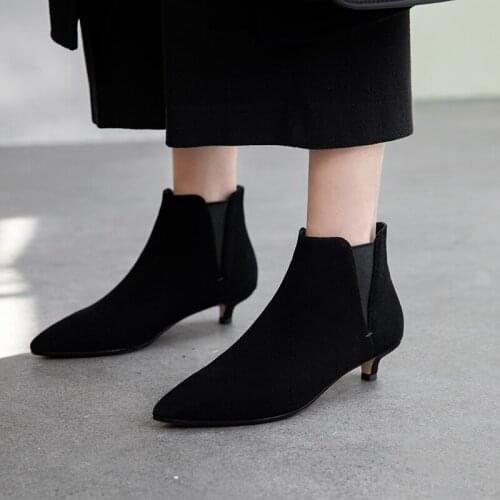 EshtonShero Ankle Boots for Women Pointed Toe Sock Boots Thin Low Heel Boots Shoes Cow Suede Khaki Woman Fashion Bota Size 3-9