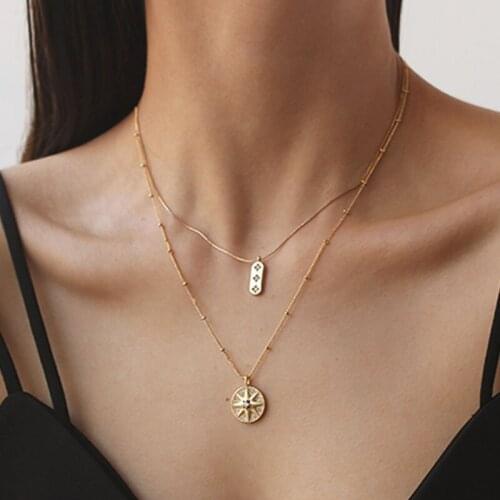 European American Micro Inlaid Zircon Star Disc Brass Ladies Necklace Rectangular Pendant Clavicle Chain Jewelry