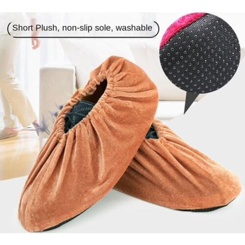 Flannelette shoe cover household fabric washable adult thickened non-slip wear-resistant non-disposable foot cover