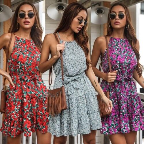 Summer Womens Dresses 2021 O-Neck Strap A-Line Sexy Mini Dress With Bandage Fashion Floral Dress Vestidos Mujer Casual Sundress