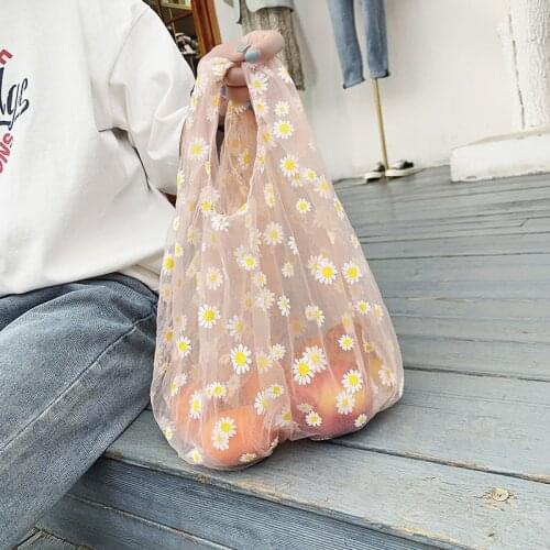 Small shopping bag handbag Women Little daisy daisy mesh embroidery Transparent Tote Cute Flower Tulle Fruit Bag Purse drop ship