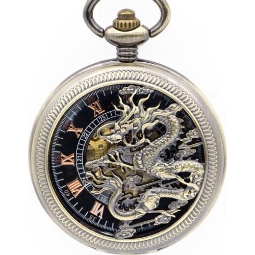10pcs/lot Bronze Dragon Black Roman dial Hollow Case Mechanical Pocket Watches With Chain Unisex Fob Watch Wholesale
