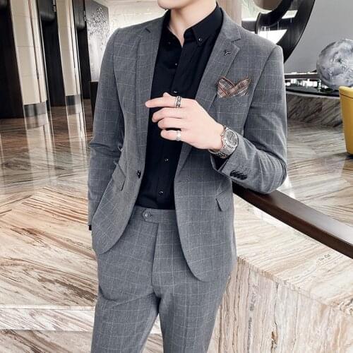2Pieces Jacket+Pants Korean Fashion Plaid Suit Men Clothing Simple All Match Tuxedo Wedding Dress Slim Fit Business Formal Wear