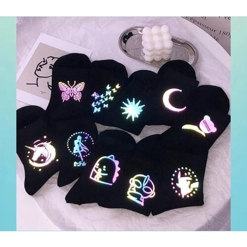 Night Reflection Light Cute Cartoon Socks Women Kawaii Fashion Funny Hip-hop Skateboard Japan Harajuku Socks Winter