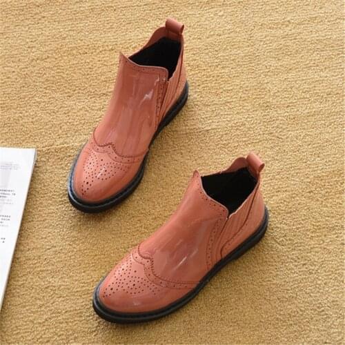 Patent Leather Carved Ankle Boots For Women Spring Rivets Casual Female Flats Shoes Fashion Round Toe Lady Motorcycle Boot Shoes