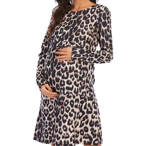 New Maternity Nursing Dresses for Breastfeeding Womens Casual Maxi Dress Leopard Print Loose Clothes Shower Pregnancy Dresses