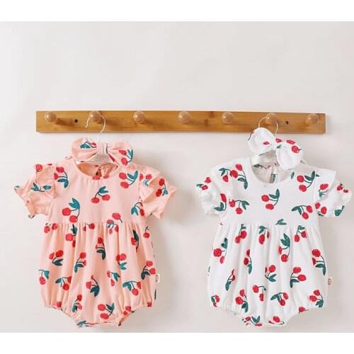 Newborn Baby Clothes Summer Spring Autumn Baby Girl Clothing Cotton Cute Pretty Set Cherry Romper + Bow Headband Girl Outfits