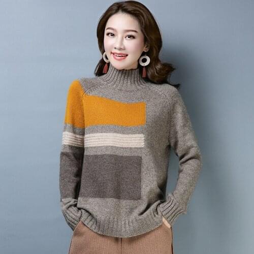 Autumn Fashion Women Casual Knitted Pullover Sweater Ladies Patchwork Turtleneck Loose Tops Knitwear Winter Color Sweaters Hot
