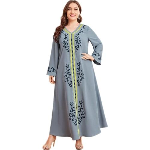 Muslim Casual Loose V-neck Long Dress Women Arab Abaya Islamic Vintage Embroidery Ethnic Maxi Robe Gown Middle East Kaftan New